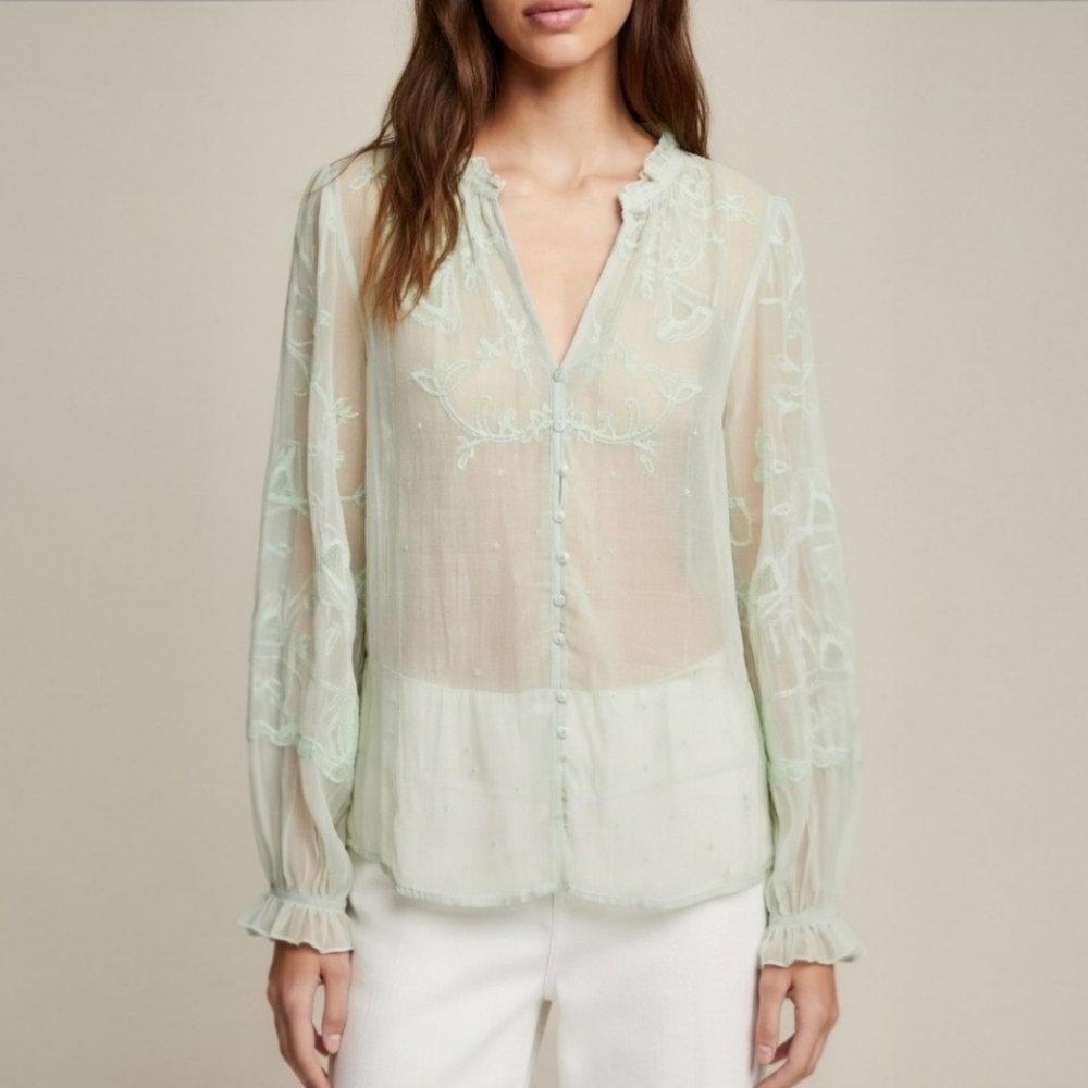 Velvet Graham & Spencer Mint Green Boho Embroidered Sheer Peasant Blouse Medium